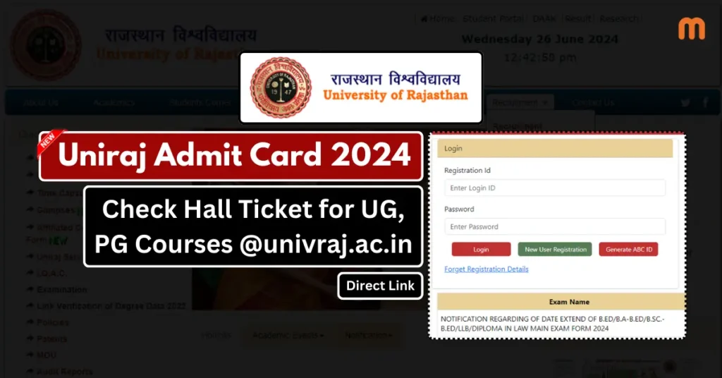 Rajasthan University Uniraj Admit Card 2024 - Check Hall Ticket for UG, PG Courses @univraj.org