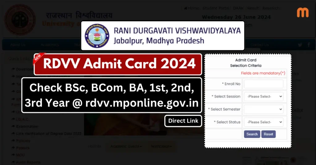 RDVV Admit Card 2024 for UG & PG - Check BSc, BCom, BA, 1st, 2nd, 3rd Year @rdvv.mponline.gov.in